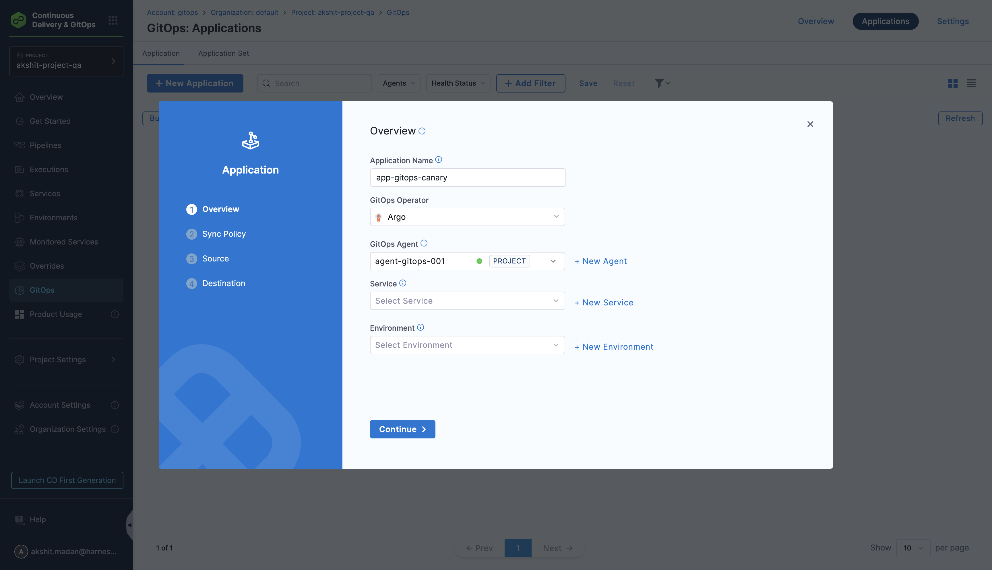 Harness GitOps Applications page showing the New Application button