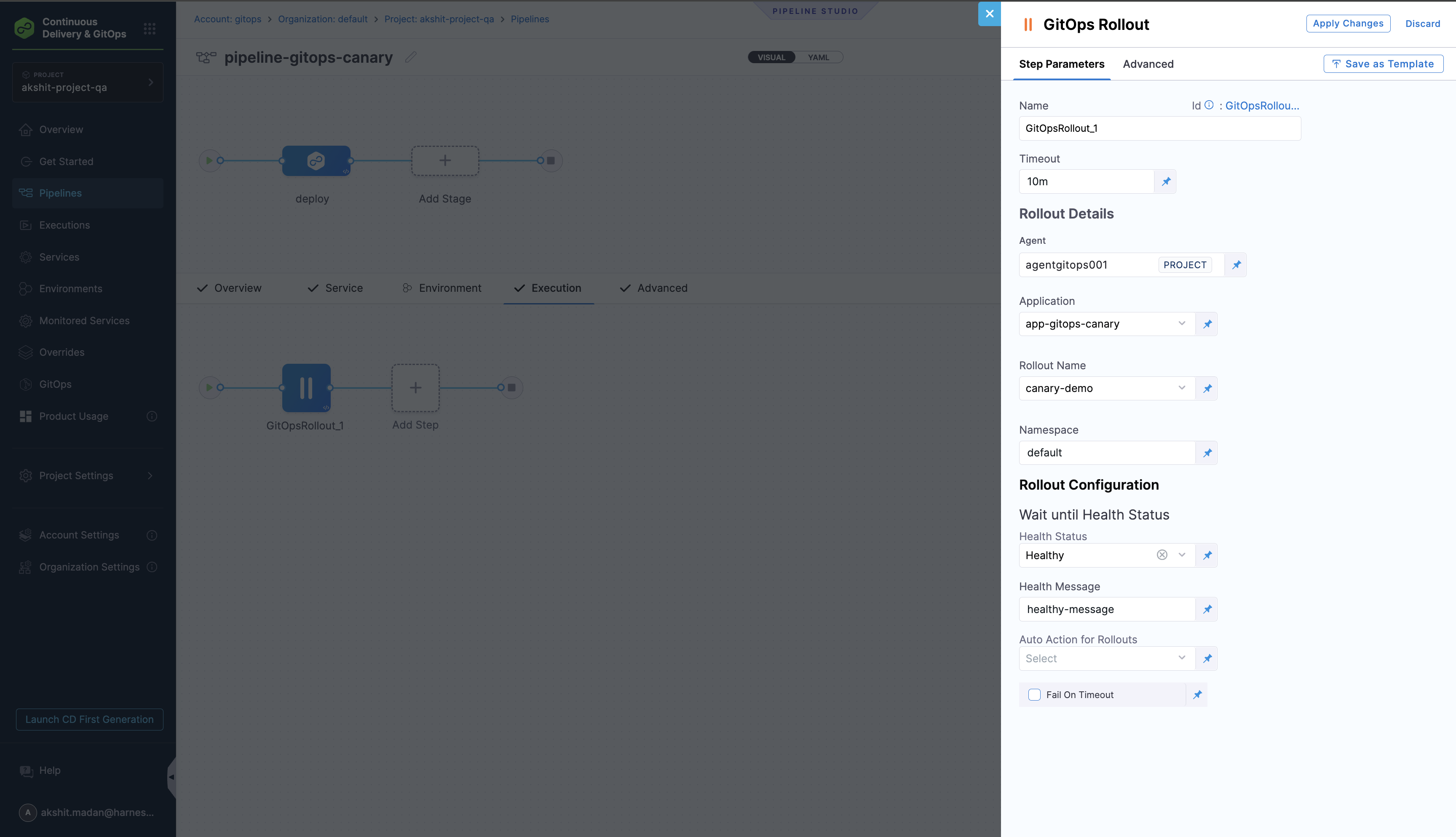 Step library showing GitOps Rollout step in the list